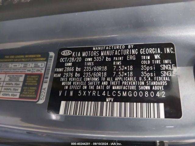 5XYRL4LC5MG008042 KIA SORENTO S