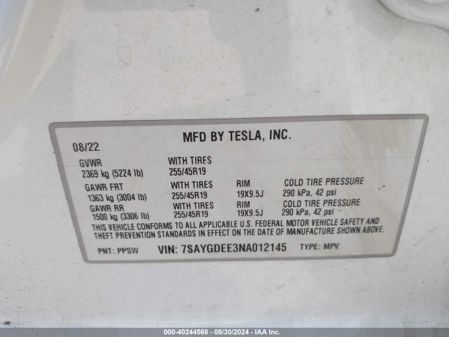 2022 TESLA MODEL Y 7SAYGDEE3NA012145 Photo 8