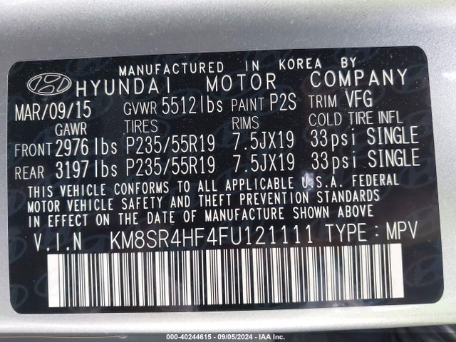 Продажа на аукционе авто 2015 Hyundai Santa Fe Limited, vin: KM8SR4HF4FU121111, номер лота: 40244615