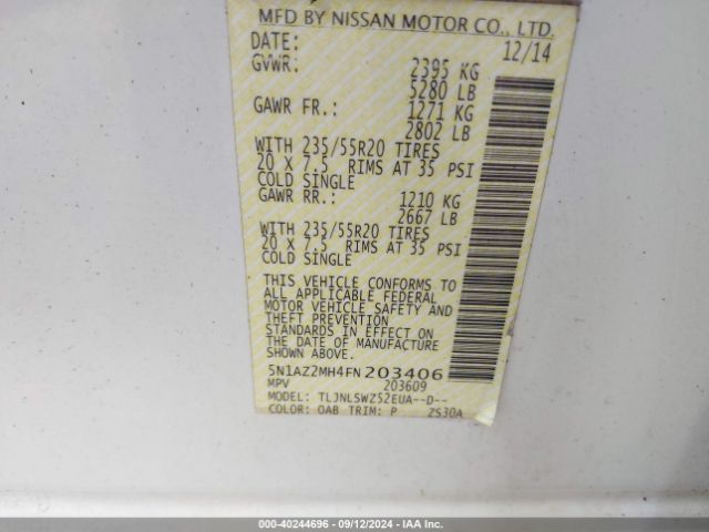 5N1AZ2MH4FN203406 Nissan Murano Platinum