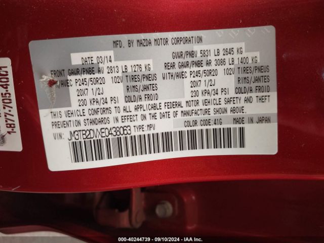 JM3TB2DVXE0438063 Mazda Cx-9 Grand Touring