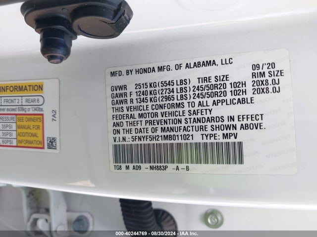 Honda Pilot 2wd Special Edition 2021 5FNYF5H21MB011021 Image 9