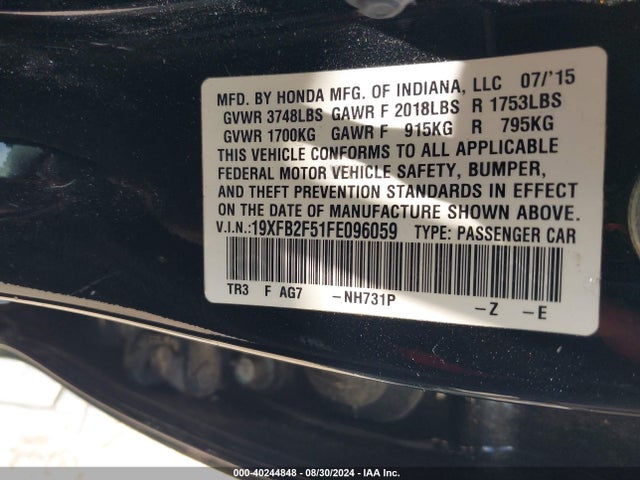 Honda Civic Lx 2015 19XFB2F51FE096059 Image 9