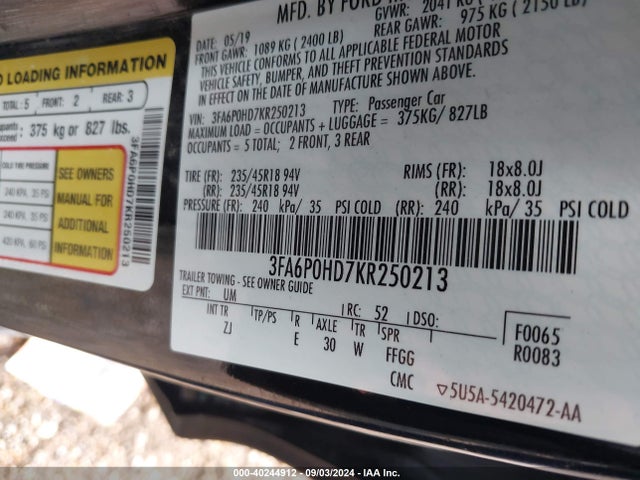 Ford FUSION SE 2019 3FA6P0HD7KR250213 Image 9