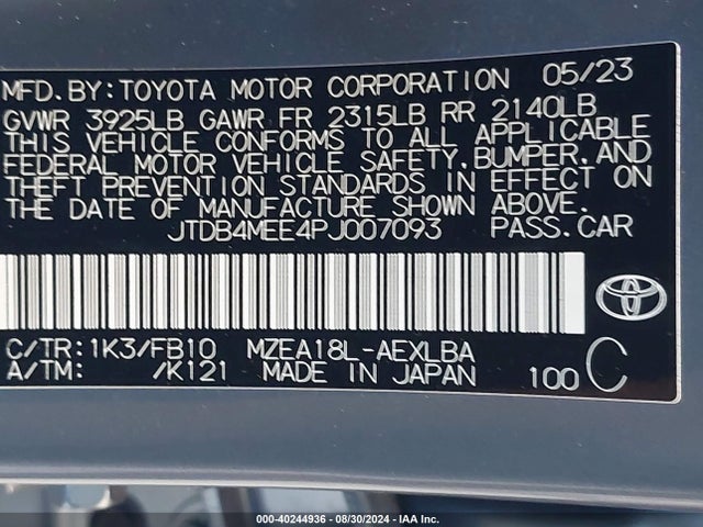 Toyota COROLLA LE 2023 JTDB4MEE4PJ007093 Image 9