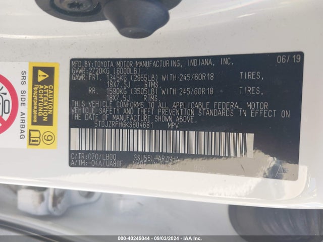 Toyota Highlander Xle 2019 5TDJZRFH6KS604681 Image 9