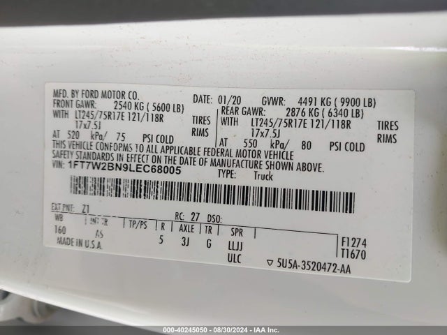Ford F-250 Xl 2020 1FT7W2BN9LEC68005 Image 9
