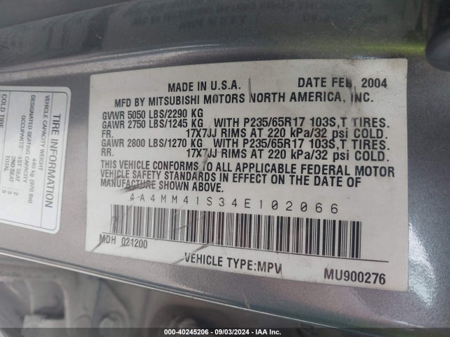 2004 MITSUBISHI ENDEAVOR 4A4MM41S34E102066 Photo 8