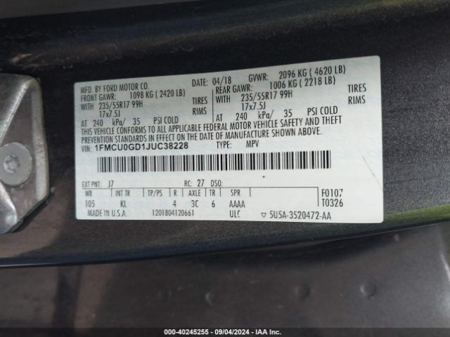1FMCU0GD1JUC38228 Ford ESCAPE SE