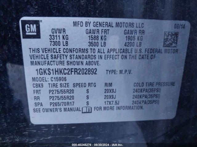 1GKS1HKC2FR202892 GMC Yukon Xl 1500 Slt