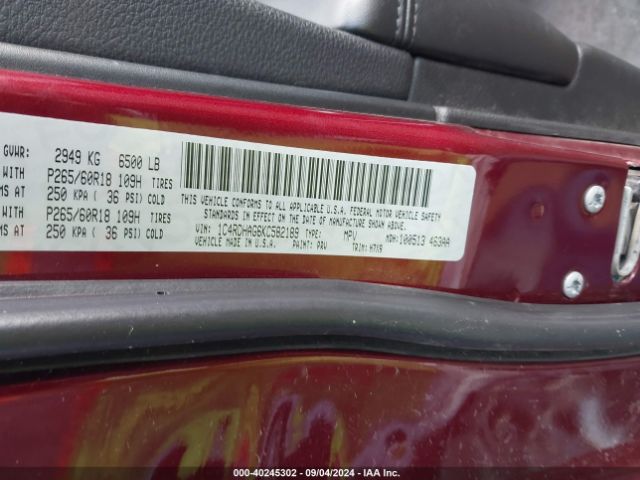1C4RDHAG6KC582189 Dodge Durango Sxt Rwd