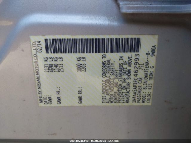 1N4AA5AP1EC462993 Nissan Maxima 3.5 S/3.5 Sv