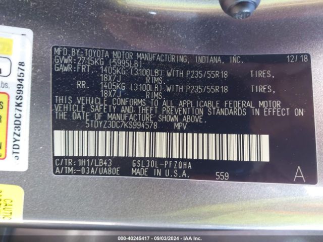 5TDYZ3DC7KS994578 Toyota Sienna Limited Premium 7 Passenger