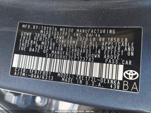 Toyota COROLLA LE 2014 5YFBURHE2EP123782 Image 9