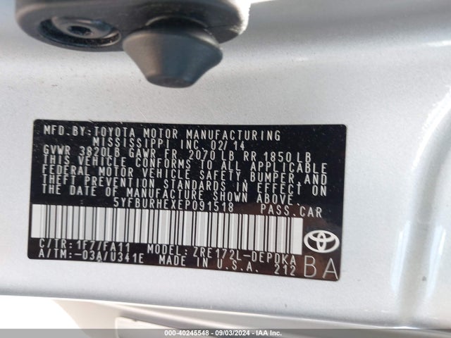 Toyota COROLLA L 2014 5YFBURHEXEP091518 Image 9