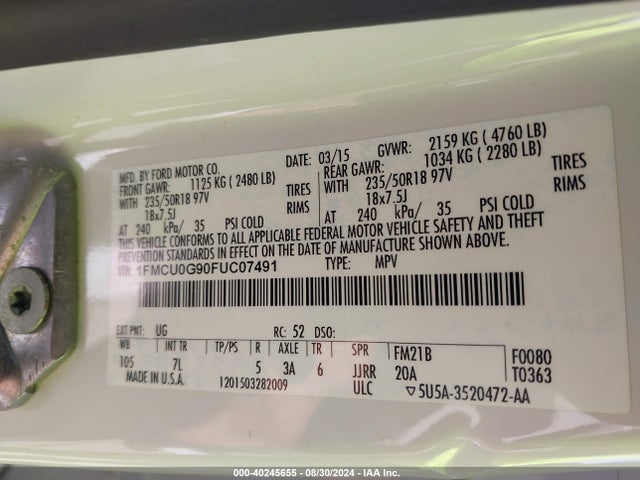 Ford ESCAPE SE 2015 1FMCU0G90FUC07491 Image 9