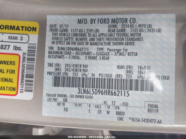 3LN6L5D96HR662115 Lincoln MKZ SELECT