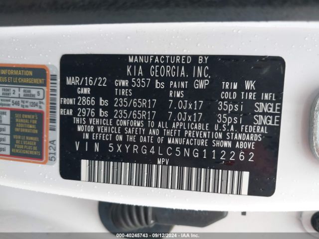5XYRG4LC5NG112262 KIA SORENTO LX
