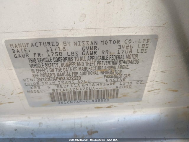 3N1CN7AP4KL832520 Nissan Versa 1.6 S+