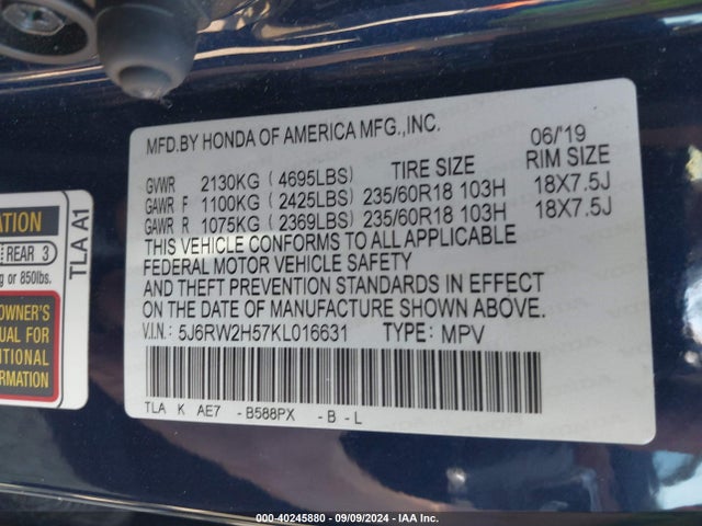 Honda CR-V EX 2019 5J6RW2H57KL016631 Image 9