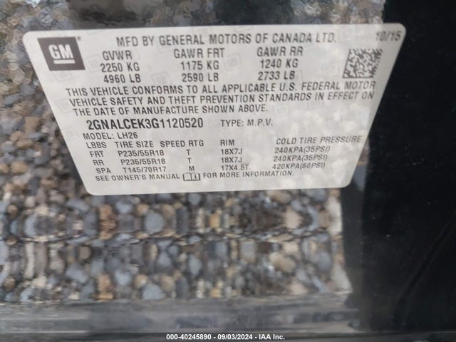 Chevrolet EQUINOX LT 2016 2GNALCEK3G1120520 Image 9