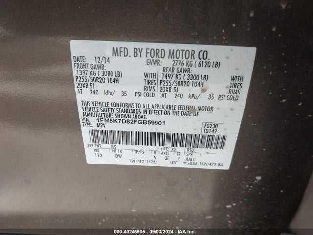 Ford EXPLORER XLT 2015 1FM5K7D82FGB59901 Image 9