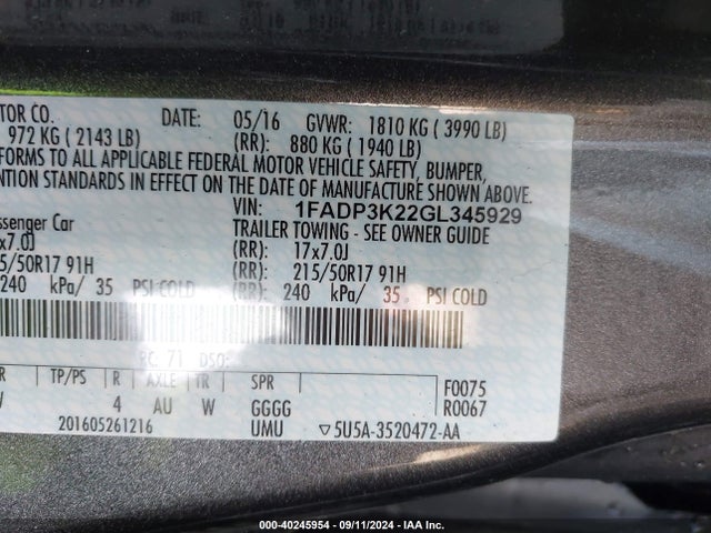Ford FOCUS SE 2016 1FADP3K22GL345929 Image 9