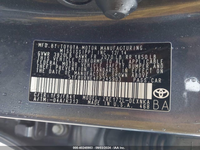 Toyota COROLLA LE 2015 5YFBURHE4FP245903 Image 9