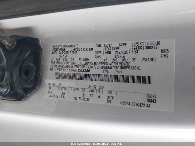 Ford F-150 Xl 2017 1FTEX1EF5HKD93286 Image 9