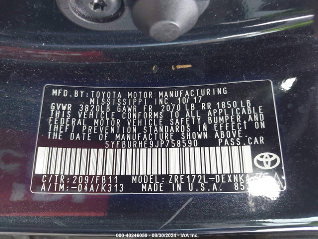 Toyota COROLLA LE 2018 5YFBURHE9JP758590 Image 9