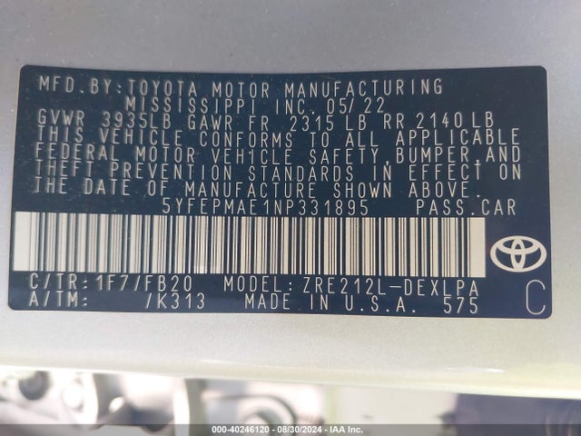 Toyota COROLLA LE 2022 5YFEPMAE1NP331895 Image 9