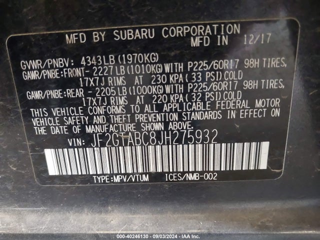 Subaru Crosstrek 2.0i Premium 2018 JF2GTABC8JH275932 Image 9