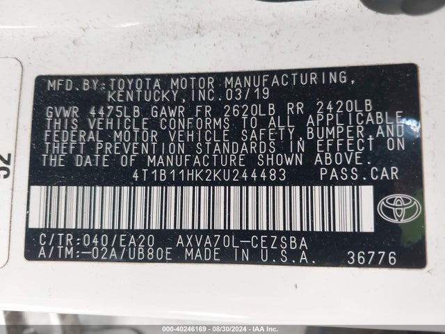 Toyota CAMRY SE 2019 4T1B11HK2KU244483 Image 9