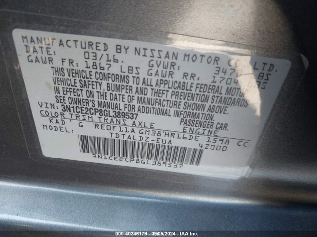 Nissan Versa Note S (sr)/s Plus/sl/sr/sv 2016 3N1CE2CP8GL389537 Image 9