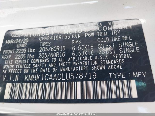 KM8K1CAA0LU578719 Hyundai Kona Se