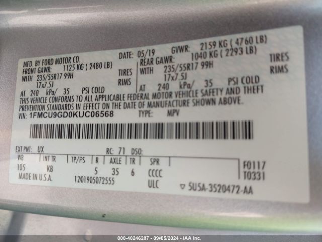 1FMCU9GD0KUC06568 Ford ESCAPE SE