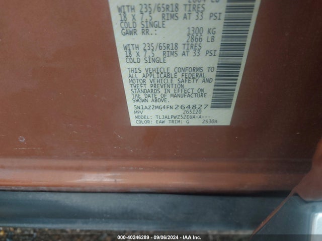 Nissan MURANO S 2015 5N1AZ2MG4FN264827 Image 9