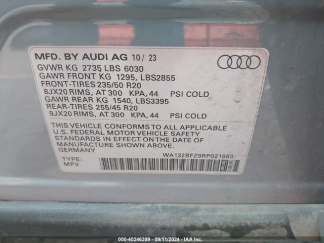 WA132BFZ9RP021663 Audi Q4 Sportback E-tron Premium Plus 50 Quattro