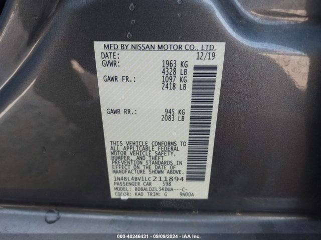 Nissan Altima S Fwd 2020 1N4BL4BV1LC211894 Image 9