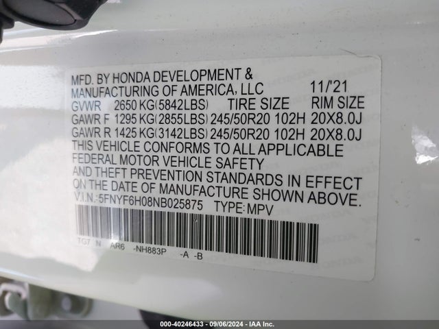 Honda Pilot Awd Elite 2022 5FNYF6H08NB025875 Image 9
