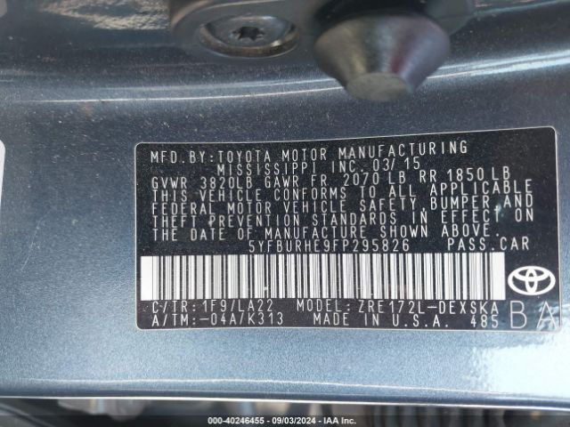5YFBURHE9FP295826 Toyota Corolla S Premium