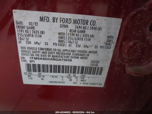 Ford EXPLORER XLT 2022 1FMSK8DH5NGA75658 Image 9