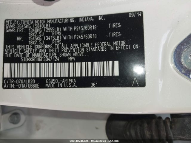 5TDKKRFH6FS047124 Toyota Highlander Xle V6