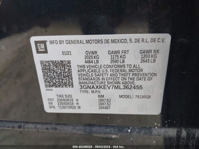3GNAXKEV7ML362455 Chevrolet Equinox Fwd Lt