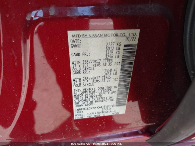 Nissan Frontier Pro-x 4x2 2022 1N6ED1EJXNN645828 Image 9