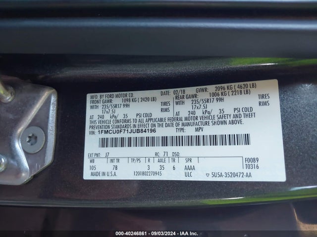 Ford ESCAPE S 2018 1FMCU0F71JUB84196 Image 9