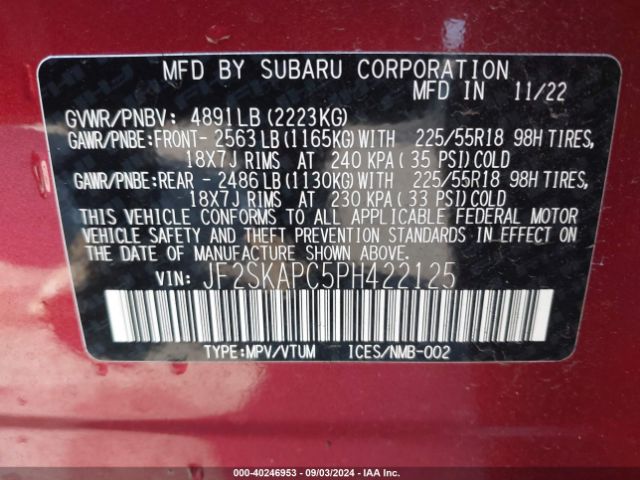 JF2SKAPC5PH422125 Subaru Forester Limited