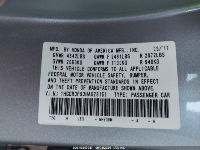 1HGCR3F93HA028151 Honda Accord Touring V6