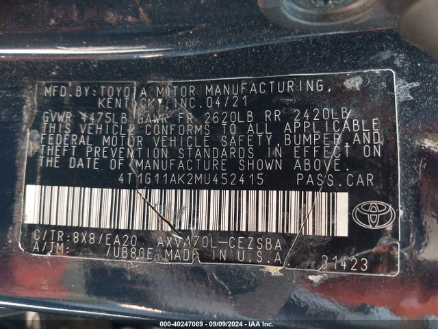 Toyota CAMRY SE 2021 4T1G11AK2MU452415 Image 9