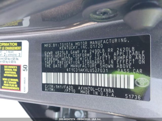 4T1C31AKXLU527031 Toyota Camry Le Hybrid